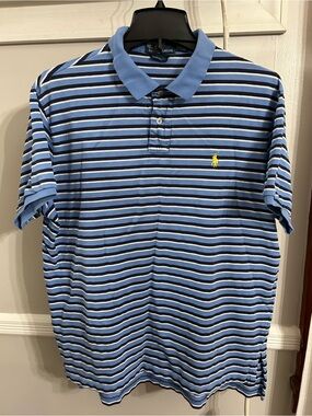 Polo by Ralph Lauren Light Blue Navy White Striped Polo with Yellow Pony